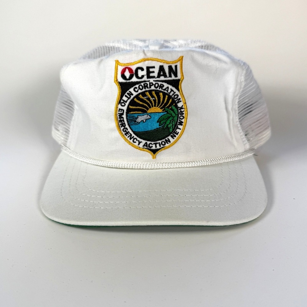 Vtg Ocean Olin Corporation Emergency Action Network Patch Rope Hat Duckster